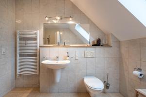 a bathroom with a sink and a toilet and a mirror at Ferienwohnung im grünen Mühlenbeck-nahe Berlin in Mühlenbeck