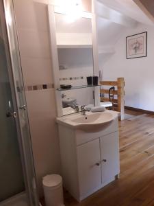 a bathroom with a sink and a mirror at La P'tite Maison in Lisle