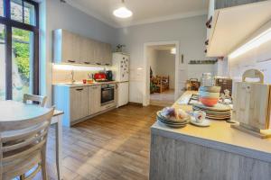 a kitchen with a counter with dishes on it at Villa 124 SPA & Sauna komfortowy apartament Beskidy in Bystra