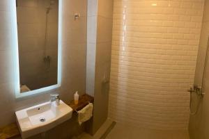 uma casa de banho com um lavatório e um chuveiro em Buenaventura Apartments PARQUE em Mendoza