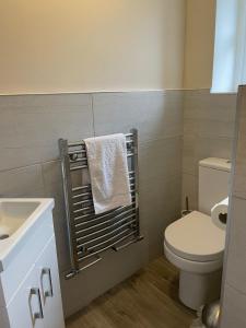 a bathroom with a toilet and a towel rack at Rose Cottage in Camelford