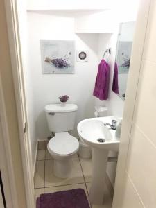 Un baño blanco con inodoro y lavabo. en Casa arriendo Pucon, en Pucón