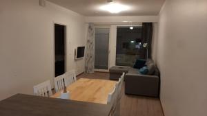 een woonkamer met een bank en een tafel bij Lehtikatu Apartments in Rovaniemi