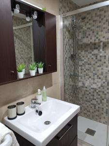 a bathroom with a sink and a shower at ESTUDIO EN BAIONA- PLAYA SANTA MARTA in Baiona +28 photos