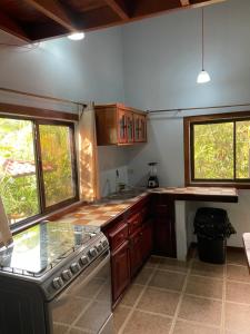 a kitchen with a stove and some windows in it at Two houses with a private pool. in Pavones