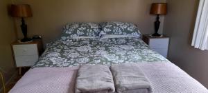 1 dormitorio con 1 cama con sábanas azules y blancas en Earthsounds Country Cottage, en Taumarunui