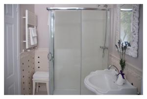 bagno bianco con doccia e lavandino di Casa Antonelli a San Benedetto del Tronto