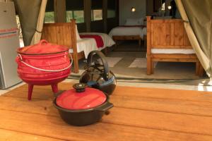 a room with two red items on a wooden floor at Palmwag Camping2Go in Kamanjab