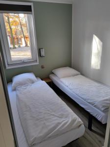 two beds in a room with a window at Motel- Bungalow-& Chaletpark de Brenkberg in Schinveld