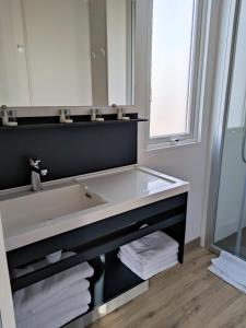 ein Bad mit einem Waschbecken und einem Spiegel in der Unterkunft Motel- Bungalow-& Chaletpark de Brenkberg in Schinveld
