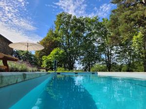 an empty swimming pool with an umbrella and trees at Oh, le château! in Almayrac