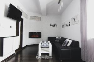 a living room with a black couch and a tv at Apartament Górski - SPA pod Nosalem in Zakopane