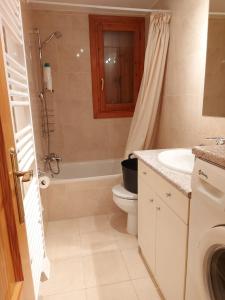 La salle de bains est pourvue de toilettes, d'un lavabo et d'une douche. dans l'établissement Apartamento Monte Goriz, à Candanchú