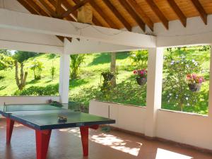 a ping pong table in a room with windows at Silvania, Ferienhaus - Casa Campestre in Silvania
