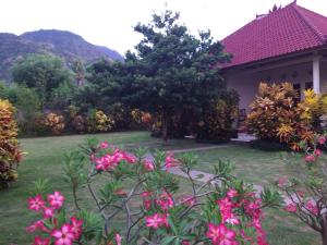 un jardín con flores rosas frente a una casa en Gunung Mas Pemuteran, en Pemuteran 27 fotos más