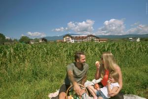 a family sitting on a blanket in the grass at Hotel Pachernighof in Velden am Wörthersee