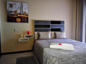 Un dormitorio con una cama con una toalla blanca. en APARTAMENTO ALES, en Arenas de San Pedro