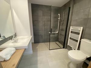 a bathroom with a shower and a toilet and a sink at CHEZ MAMITA in Landivisiau
