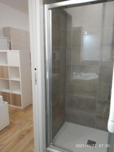 La salle de bains est pourvue d'une douche en verre et d'un lavabo. dans l'établissement Poema Apartment, à Casalecchio di Reno