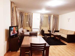 un salon avec un canapé et une table dans l'établissement Pamporovo Apartment The Castle, à Pamporovo