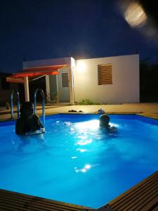 dos personas en una piscina por la noche en Les gîtes des 500 pas, en Sainte-Anne