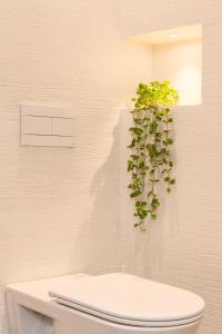 una pianta sulla parte superiore di un WC in bagno di Hotel Rex a Gabicce Mare