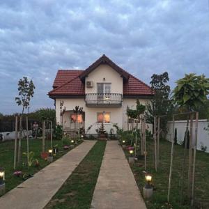 uma casa branca com um caminho que a conduz em Blue Sky House em Balotesti