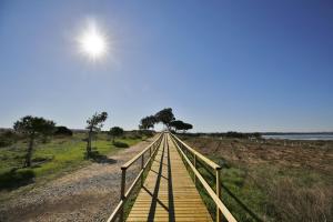 a wooden pedestrian bridge over a dirt road with trees at Lloyds Beach Club in Torrevieja