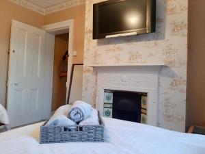 a bedroom with a bed with a television and a fireplace at Railway Bar Apartment in Poyntz Pass