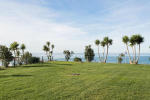 a grassy field with palm trees and the ocean at Beach House Ericeira in Ericeira