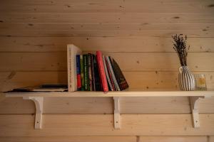a shelf with books and a vase on it at Vectēva dārzs in Rucava