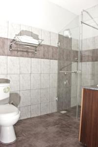 a bathroom with a toilet and a glass shower at Hadassah Hotel in Nairobi