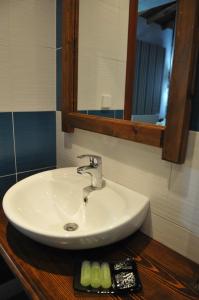 a bathroom sink with a mirror on a wooden counter at Pasithei in Karpenision