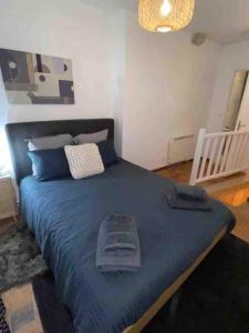 una camera da letto con un letto blu con sopra degli asciugamani di Esprit Hygge à Blois : un intérieur bien-être a Blois Altre 56 foto