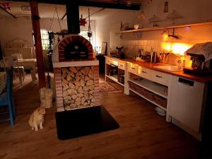 uma cozinha com um forno de tijolos no meio de uma sala em B&B Bauernhofferien auf Møn em Askeby