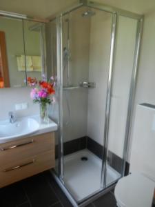 een badkamer met een douche, een wastafel en een vaas met bloemen bij Ferienwohnungen Passrugger in Eben im Pongau