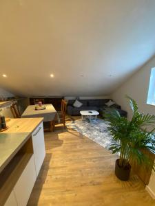 a kitchen and living room with a couch and a table at Ferienwohnung Lehmann in Staufen im Breisgau