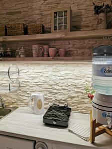 a kitchen counter with a sink and a coffee pot at Holiday Home Kolka in Kolka