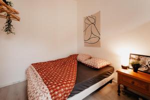 - une chambre avec un lit et une photo sur le mur dans l'établissement Les Appartements Hyper Centre Valenciennes, à Valenciennes