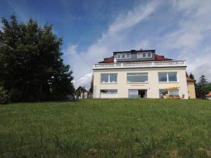 a white house on top of a green field at Ferienwohnung Villa Bella Vista in Bad Sachsa +11 photos