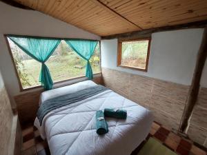 a bedroom with a bed in a room with two windows at Chalés Horizonte Vertical in Aiuruoca