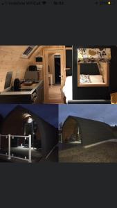 eine Collage mit zwei Bildern eines Zimmers und eines Schlafzimmers in der Unterkunft Owls Retreat Glamping Pod with Hot tub in Keith