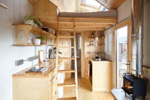 巴拉特的住宿－Unique tiny house with wood fired roll top bath in heart of the Cairngorms，一个小房子,里面设有高架床