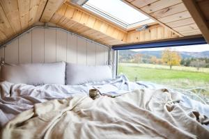 a bed in a room with a window at Aileen - Unique tiny house with wood fired roll top bath in heart of the Cairngorms in Ballater