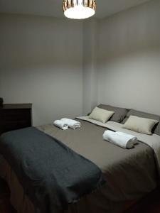 1 dormitorio con 2 camas y toallas blancas. en Peña del viento a pie de pistas estación San Isidro, en Puebla de Lillo