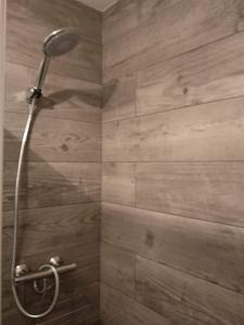 eine Dusche im Bad mit einer Holzwand in der Unterkunft Peña del viento a pie de pistas estación San Isidro in Puebla de Lillo