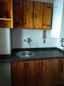 um balcão de cozinha com um lavatório e armários de madeira em Peña del viento a pie de pistas estación San Isidro em Puebla de Lillo