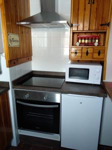 a kitchen with a stove and a microwave at Peña del viento a pie de pistas estación San Isidro in Puebla de Lillo