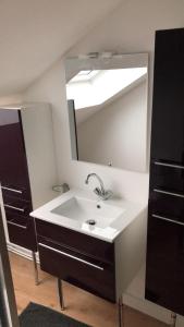 ein Bad mit einem Waschbecken und einem Spiegel in der Unterkunft Logement entier sur Wormhout in Wormhout
