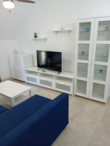 een woonkamer met een blauwe bank en een tv bij Apartamento en Monachil pueblo in Monachil